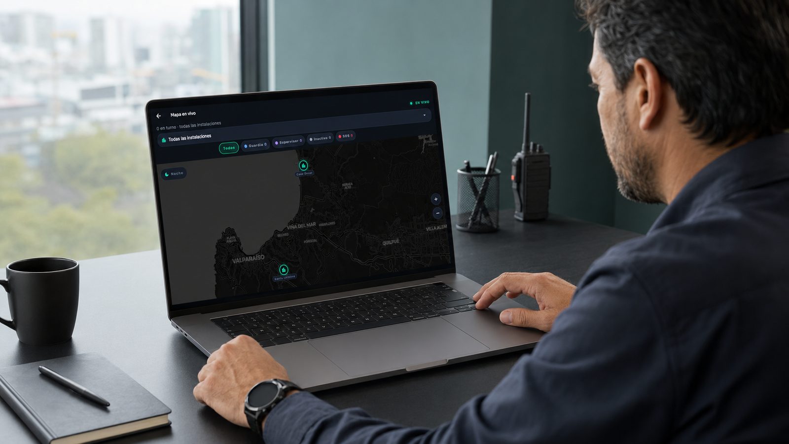 Central de monitoreo en vivo de OpSafe: mapa de guardias e instalaciones en Viña del Mar y Valparaíso